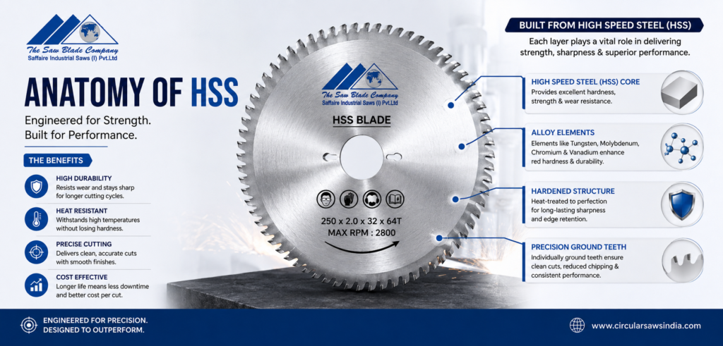 Saffaire HSS circular saw blade anatomy showing high speed steel core, alloy elements, hardened structure, and precision ground teeth.