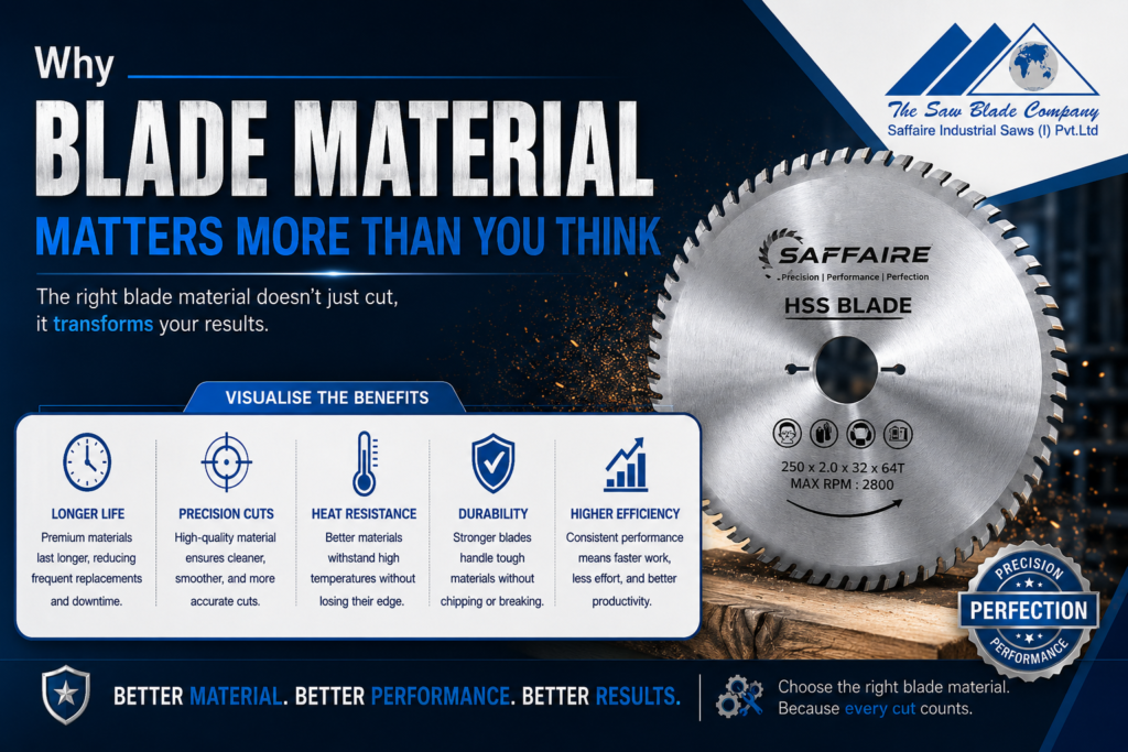 Saffaire HSS Blade material infographic showing high-speed steel circular saw blade benefits, including longer life, precision cuts, heat resistance, durability, and higher efficiency.