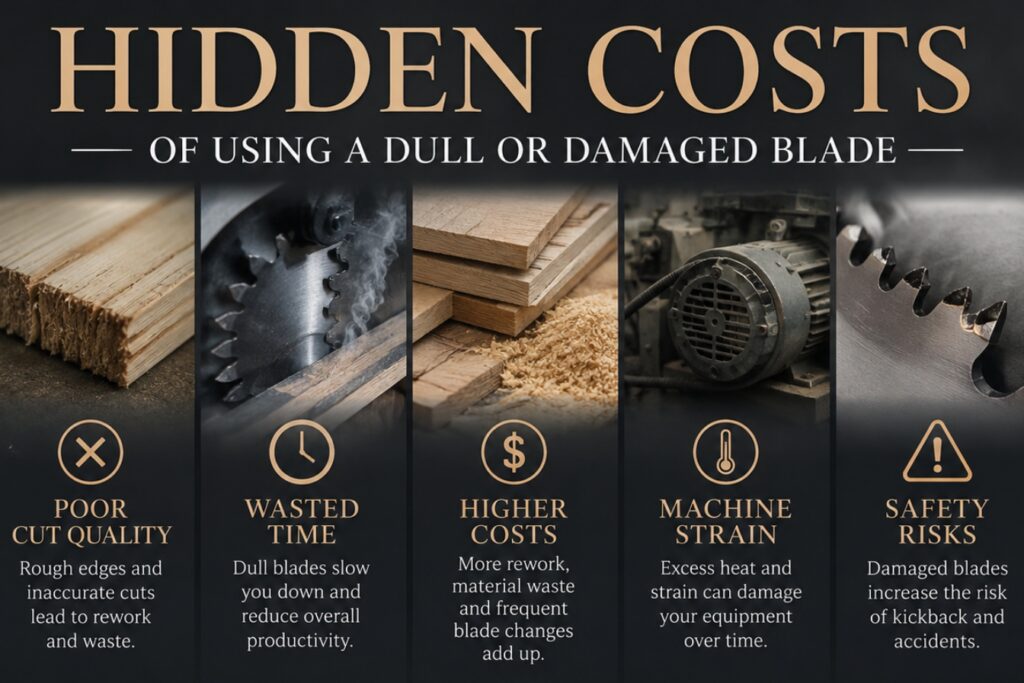 Hidden costs of using a dull or damaged saw blade, showing poor cut quality, wasted time, higher costs, machine strain, and safety risks, with a sharp blade business message.