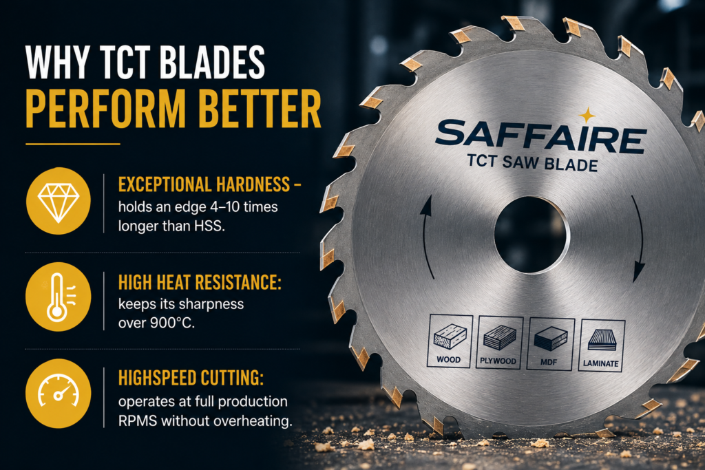 Saffaire TCT saw blade with carbide-tipped teeth for high-speed cutting, heat resistance and longer edge life