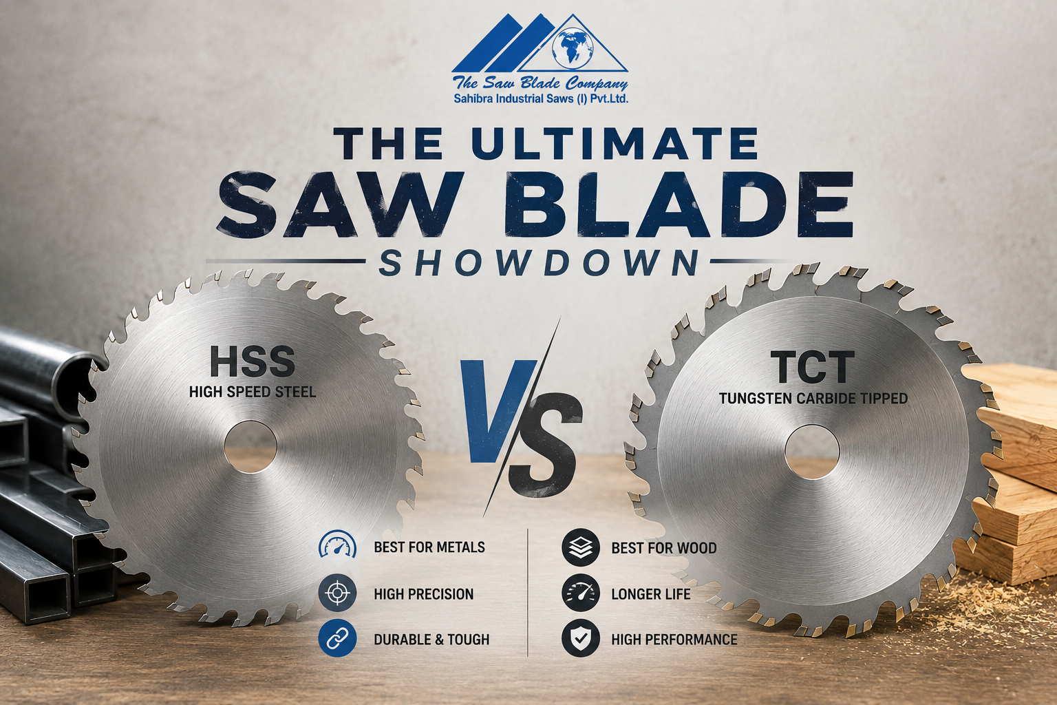 HSS vs TCT saw blades comparison showing High Speed Steel and Tungsten Carbide Tipped blades for metal and wood cutting.