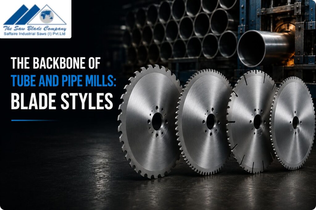 The backbone of tube and pipe mills: blade styles featuring precision circular saw blades in an industrial tube-cutting facility.