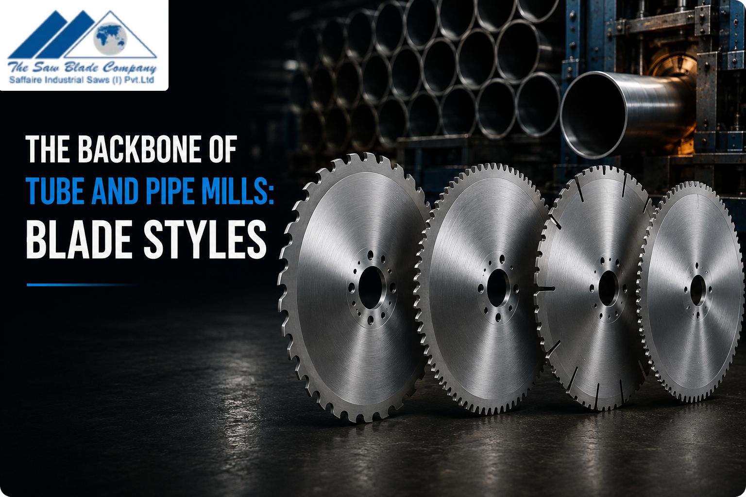 The backbone of tube and pipe mills: blade styles featuring precision circular saw blades in an industrial tube-cutting facility.